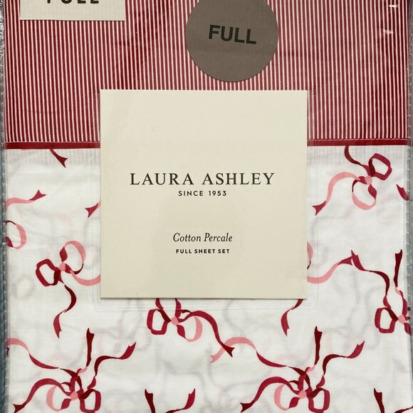 NEW Laura Ashley Full Sheet Set Red Trailing Bows Christmas 100% Cotton Percale
